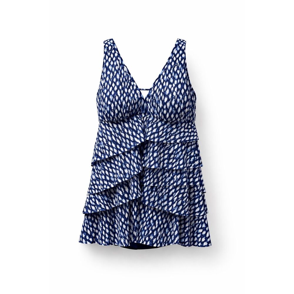 Paradise Bay Swim Dress 14 Blue White Tiered Ruffle Tummy Control